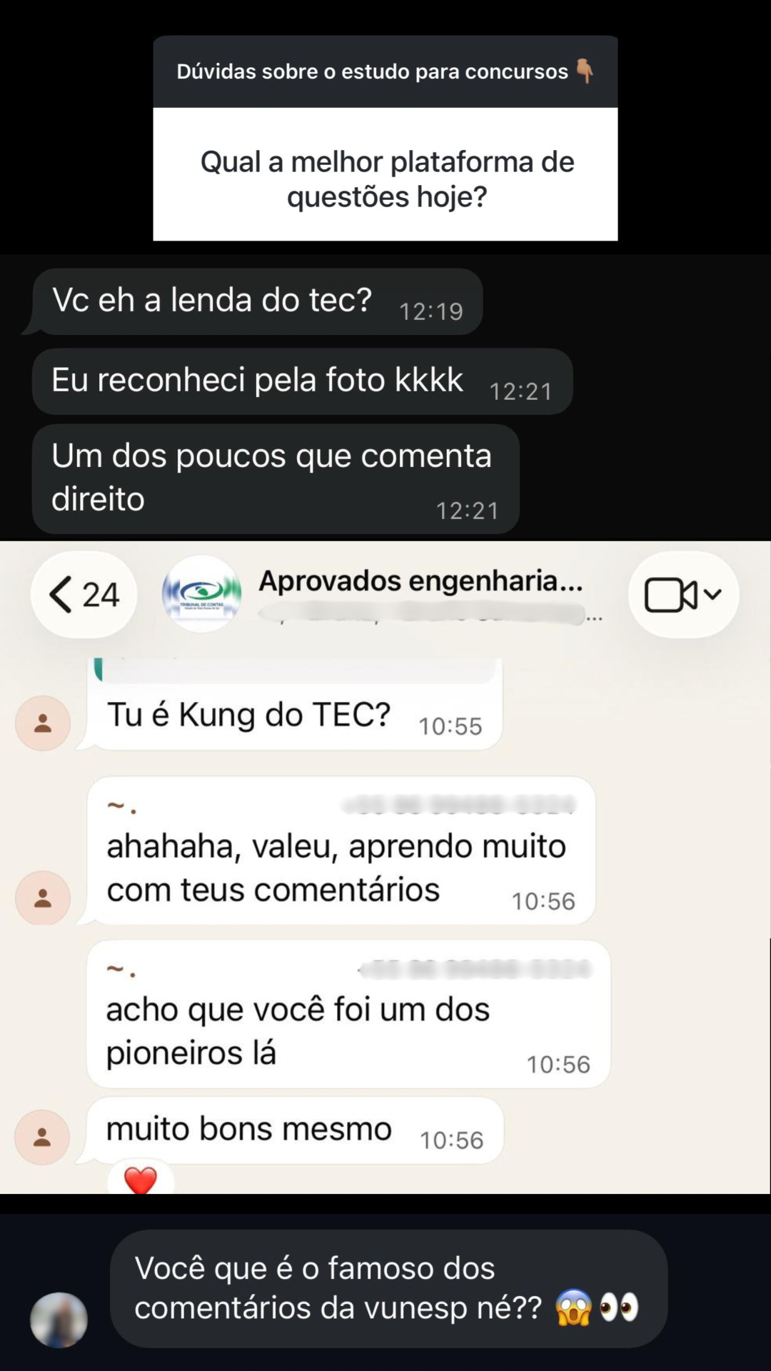Mensagens reconhecendo os comentários no TecConcursos
